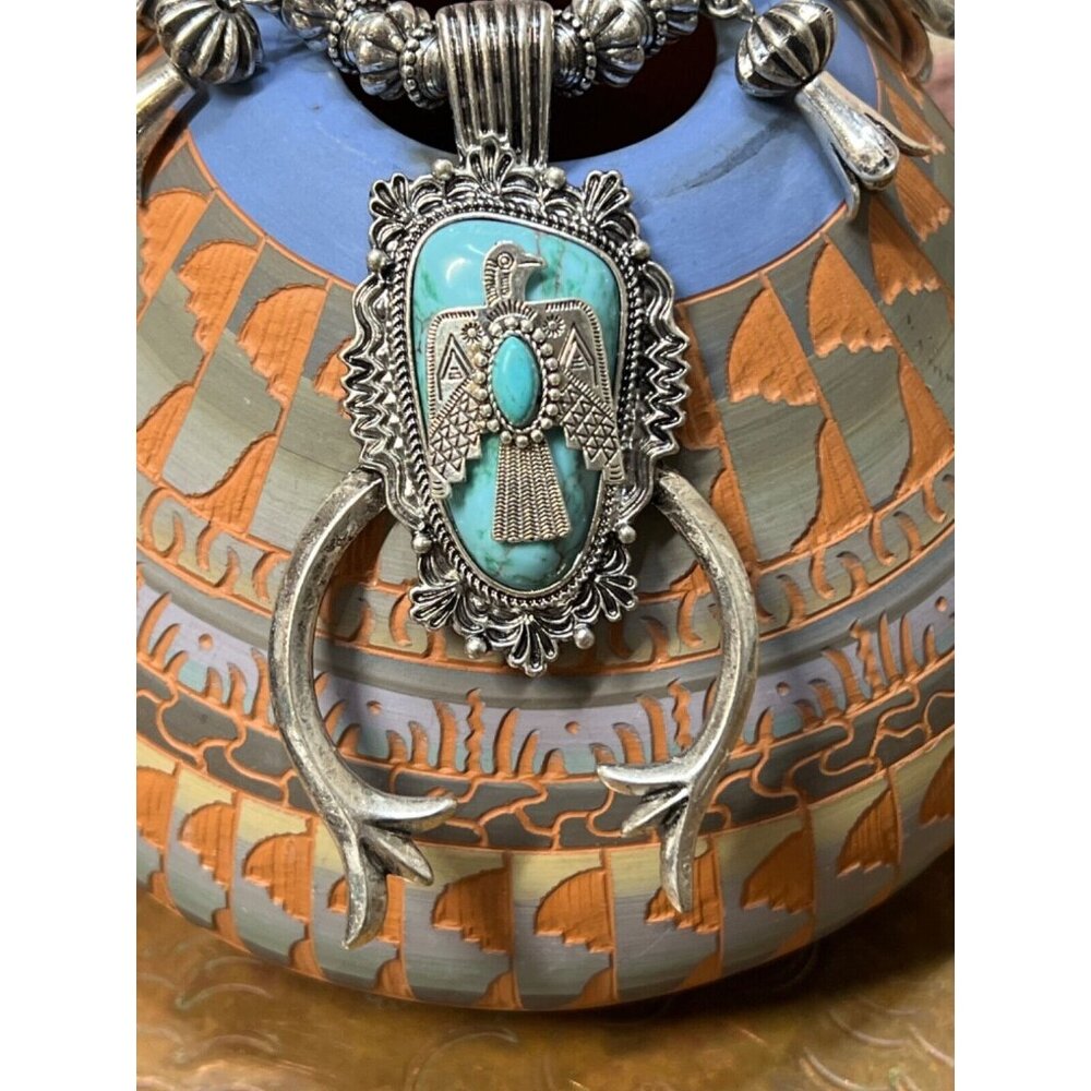 Silver Turquoise Squash Blossom Necklace Earring Set Beads Thunderbird Tbird New